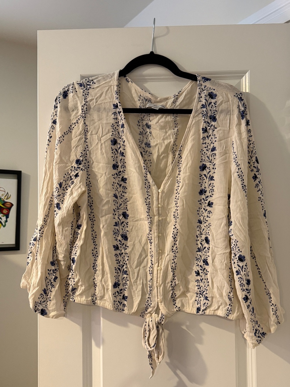 American Eagle Outfitters Cream Blouse with Blue Floral Stripes